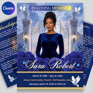 Puede incluir: Una plantilla de programa funerario con el retrato de una persona con vestido de terciopelo azul, sobre un fondo de puertas blancas, rosas azules y palomas. El texto incluye IN LOVING MEMORY, Sara Robert y detalles del 15 de marzo de 2026.