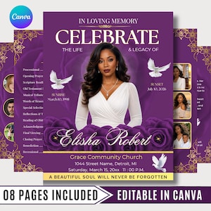 Peut inclure: Un modèle de programme funéraire violet profond avec le portrait central d'une personne en haut blanc croisé, entouré de roses violettes et de colombes blanches. Le texte inclut IN LOVING MEMORY, CELEBRATE THE LIFE & LEGACY OF, Elisha Robert et les détails.