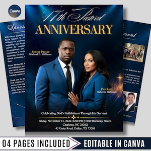 May include: A digital flyer template for a 17th Pastoral Anniversary featuring a man and woman in blue suits against a dark blue background. Text includes Senior Pastor Michael D. Williams, First Lady Rebecca Williams, and event details for November 13, 2026, in Charlotte, NC and Dallas, TX.