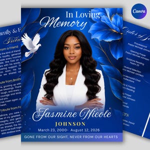 Puede incluir: Una plantilla de programa funerario con el retrato de una persona de pelo largo y oscuro con un blazer blanco. El diseño incluye detalles florales azules, una paloma blanca y el texto In Loving Memory, Jasmine Nicole Johnson, 23 de marzo 2000- 12 de agosto 2026.