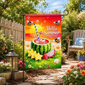May include: A rectangular garden flag featuring a vibrant sunset background with the text Hello Summer. The design includes a watermelon bowl with a blue and white striped straw, yellow starfruit, a slice of dragon fruit, and flying bees.