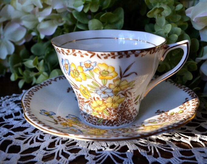 Rosina Fine Bone China Tea Cup and Saucer, Sepia and Blue Yellow Floral