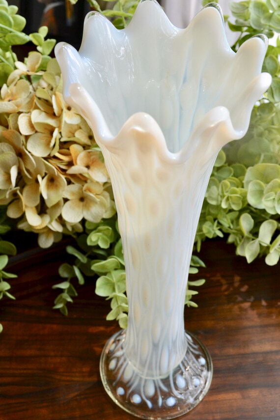 Fenton White Opalescent Swung Vase Fenton Glass Vase Fenton Tall