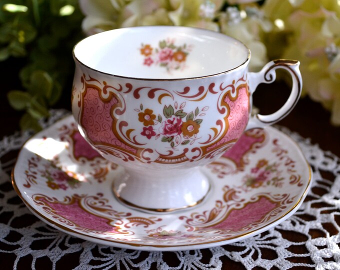 Vintage Rosina Fine Bone China Tea Cup and Saucer, Rose and White, Gold