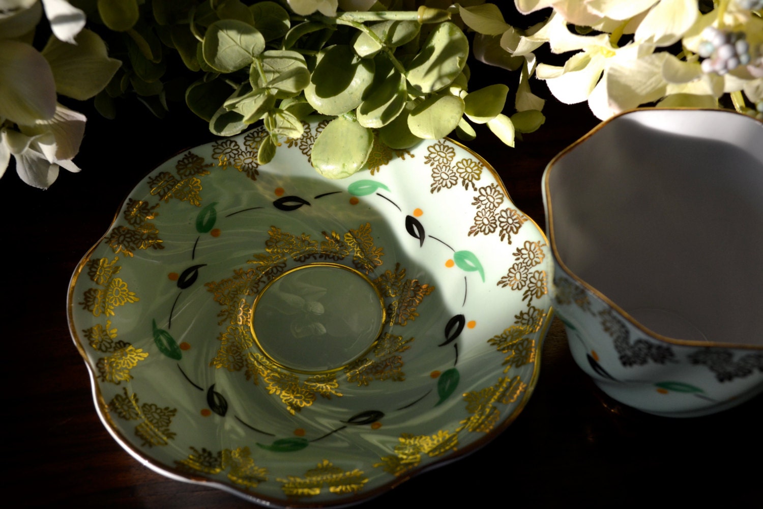 Rosina Fine Bone China Tea Cup and Saucer, Mint Green and Gold Floral