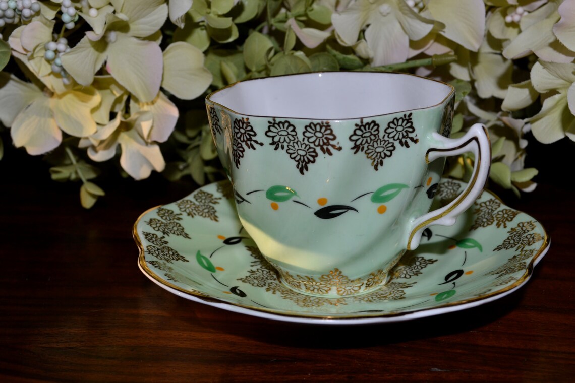 Rosina Fine Bone China Tea Cup and Saucer, Mint Green and Gold Floral