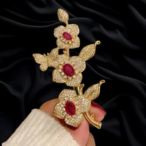 Oval Ruby Floral Diamond Brooch Pin 14k Gold Handmade Jewelry Floral Charm Valentine's Gift Brooch, Party Wear Brooch, Victorian Brooch Gift