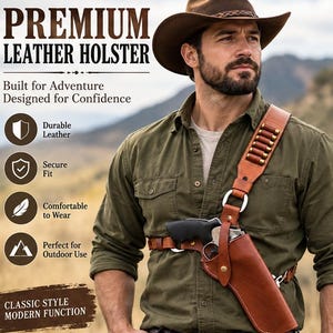 Könnte beinhalten: Ein braunes Schulterholster aus Leder mit einem Riemen mit Schlaufen für Munition, einem Metallringverbinder und einer geformten Tasche für eine Handfeuerwaffe. Der Text lautet PREMIUM LEATHER HOLSTER, Built for Adventure, Designed for Confidence, Durable Leather, Secure Fit, Comfortable to Wear, Perfect for Outdoor Use, CLASSIC STYLE MODERN FUNCTION.