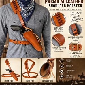 Op de afbeelding: Een beige lederen schouderholster met munitielussen op de riem, een heupgordel en een holsterzak. Het product bevat metalen hardware, zichtbare stiksels en wordt getoond in voor-, achter- en gedetailleerde aanzichten met tekstlabels.