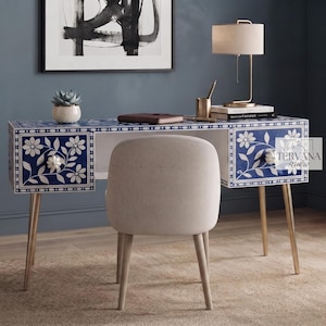 Blue Floral Bone Inlay Writing Desk, Handmade Office Desk with Metal Taper Legs, Luxury Study Table, Wooden Desk, Artisan Home furniture