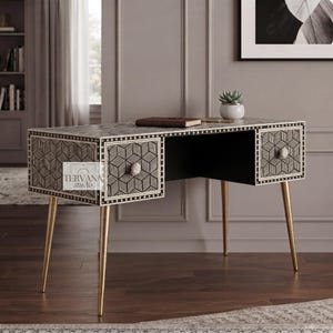 Black Optical Bone Inlay Writing Desk, 2 Drawer Study Table, Handmade Bone Inlay Office Desk, Brass Taper Leg Console, Luxury Home Furniture