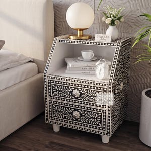 Handcrafted Floral Bone Inlay Nightstand, 2 Drawer Bedside Table with Open Shelf, Artisan Bedroom Furniture, Decorative Accent Cabinet
