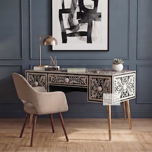 Handcrafted Black Bone Inlay Office Desk with Floral Design, Luxury Writing Table, Wooden Study Desk, Modern Home Workspace