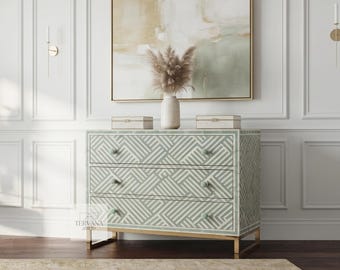 Cómoda de 3 cajones con incrustaciones de hueso y diseño de espiga en color verde claro, cómoda de hueso hecha a mano, muebles de dormitorio de madera con bordes rectos.