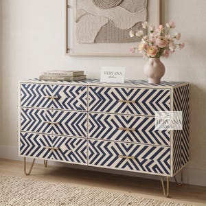 Navy Blue Geometric Bone Inlay 6 Drawer Dresser, Handmade Wooden Chest of Drawers, Modern Bedroom Storage Cabinet, Artisan Furniture