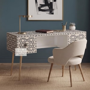 Gray Moroccan Bone Inlay Office Desk, Handmade Writing Table, Luxury Home Office Furniture, Wooden Study Desk with Storage