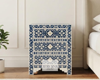 Handmade 3 Drawer Bedside Cabinet, Blue Floral Bone Inlay Nightstand, Artisan Bedroom Side Table, Luxury Inlay Storage Furniture