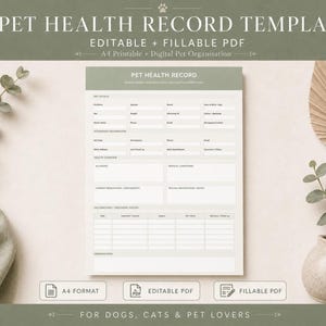 Pet Printable Health Record Template, Editable Fillable A4 PDF Planner