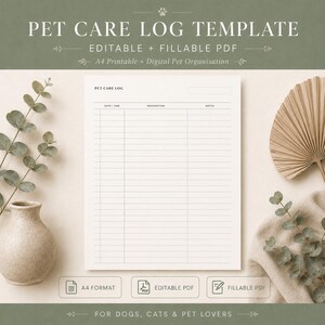 Könnte beinhalten: Eine weiße A4-Vorlage für ein Haustier-Pflegeprotokoll mit einer Tabelle, die Spalten für Datum, Uhrzeit, Beschreibung und Notizen enthält. Das Dokument trägt den Text PET CARE LOG. Das Design ist als bearbeitbares PDF-Format verfügbar.