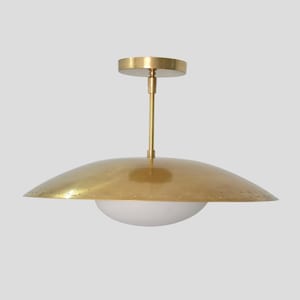 Perforated Brass Dome Ceiling Light, Glass Globe Pendant, Mid Century Modern Brass Chandelier, Semi Flush Mount Light Fixture