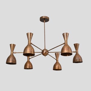 6 Light Brass Sputnik Chandelier, Mid Century Modern Ceiling Light, Brass Shade Pendant, Stilnovo Style Chandelier for Dining Room
