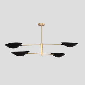 Linear Brass Chandelier with Black Shades, Stilnovo Style Pendant, Dining Room Kitchen Island Lighting
