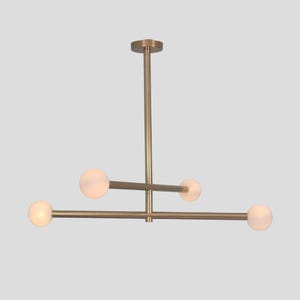 4 Globe Brass Linear Chandelier, Mid Century Modern Ceiling Light, Stilnovo Style Glass Globe Pendant, Dining Room Brass Chandelier