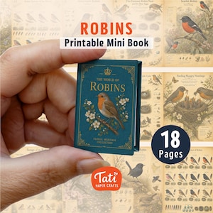 Puede incluir: Un libro en miniatura titulado The World of Robins con una cubierta de color verde azulado que presenta un petirrojo posado en una rama florida, un icono de corona dorada y el texto Floral Heritage Collection. El libro contiene 18 páginas y se muestra sobre un fondo de ilustraciones de petirrojos.