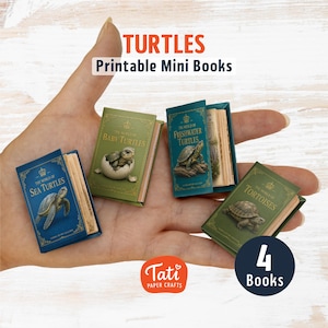 Könnte beinhalten: Vier druckbare Miniaturbücher mit den Titeln The World of Sea Turtles, Baby Turtles, Freshwater Turtles und Tortoises. Jedes kleine Buch zeigt eine detaillierte Schildkrötenillustration auf dem Einband mit goldfarbenen Zierrändern.