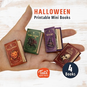 May include: Four miniature printable books titled HALLOWEEN Printable Mini Books, featuring covers for The World of Halloween, Dark Legends, Witches, and Gothic Horror. Each book displays thematic illustrations like a pumpkin, horse, hat, and mask.