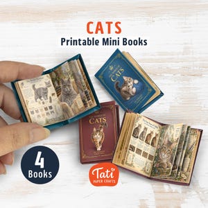 May include: Four miniature printable books titled The World of Cats, featuring detailed illustrations of various cat breeds, descriptive text, and decorative borders. The set includes two open books showing interior pages and two closed books in blue and maroon covers.