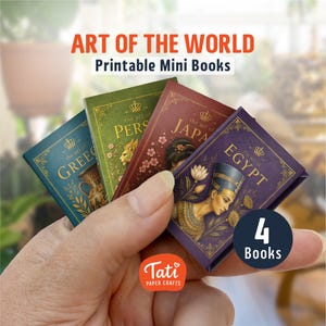 May include: Four miniature books titled Art of the World, featuring themes of Greece, Persia, Japan, and Egypt. Each book has a distinct color cover with gold-toned illustrations and text. The set includes a dark blue, green, red, and purple book.