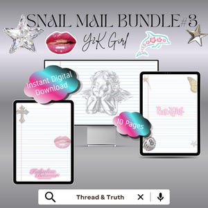 Può includere: Un set di cancelleria digitale intitolato SNAIL MAIL BUNDLE #3 Y2K Girl che include 10 pagine di carta a righe con grafiche tra cui un cherubino, labbra, un delfino, stelle, una croce e il testo Baby Girl e Fatherless Behavior su tablet.