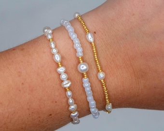 The Golden Waters Stack: Bracelet set | Gold Accents | Freshwater Pearls | Pearly White Seed Beads | Handmade Bracelets