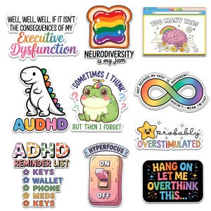 ADHD Sticker Pack, Funny Neurodiversity Stickers, Executive Dysfunction Decals, Hyperfocus Humor Gift for Laptop Water Bottle