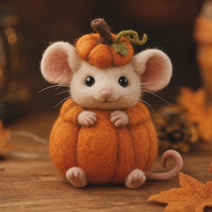 Peut inclure: Une figurine de souris en laine feutrée de couleur crème portant un costume de citrouille orange vif. La souris a de grandes oreilles, des yeux noirs et un petit nez rose. Un chapeau citrouille avec une tige brune et une feuille verte est posé.