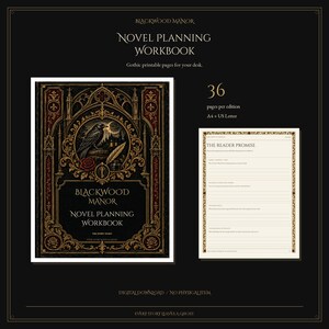 May include: A Blackwood Manor novel planning workbook digital download featuring 36 pages in A4 and US Letter sizes. The cover displays a raven, a crescent moon, a quill, and a key in gold and red on black. An interior page titled The Reader Promise is shown.