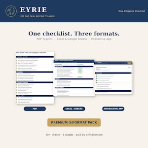 Peut inclure: Un affichage de produit num&eacute;rique pour une liste de contr&ocirc;le de diligence raisonnable immobili&egrave;re par EYRIE. Il pr&eacute;sente trois formats : un document PDF, une feuille de calcul Excel ou Google Sheets et une interface d'application interactive sur fond bleu fonc&eacute; et cr&egrave;me.