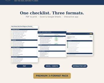 Lista de verificación de diligencia debida inmobiliaria / Inspección de propiedades para inversión inmobiliaria (aplicación interactiva + Excel + PDF)