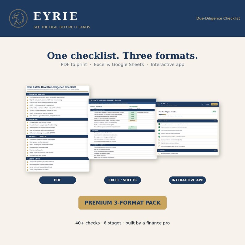 Peut inclure: Un affichage de produit num&eacute;rique pour une liste de contr&ocirc;le de diligence raisonnable immobili&egrave;re par EYRIE. Il pr&eacute;sente trois formats : un document PDF, une feuille de calcul Excel ou Google Sheets et une interface d'application interactive sur fond bleu fonc&eacute; et cr&egrave;me.