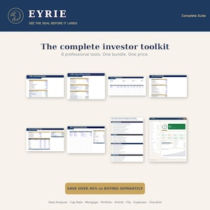 Puede incluir: Un paquete de herramientas digitales para inversores de EYRIE que incluye ocho herramientas profesionales, como analizador de acuerdos, tasa de capitalizaci&oacute;n, hipoteca, cartera, Airbnb, flip, gastos y lista de verificaci&oacute;n.