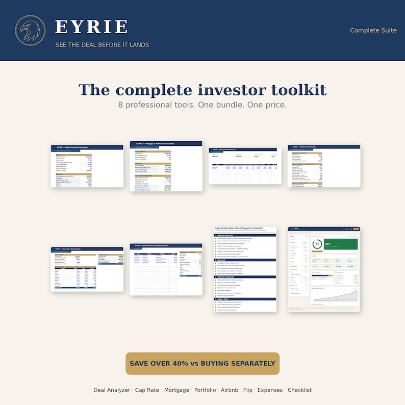 Puede incluir: Un paquete de herramientas digitales para inversores de EYRIE que incluye ocho herramientas profesionales, como analizador de acuerdos, tasa de capitalizaci&oacute;n, hipoteca, cartera, Airbnb, flip, gastos y lista de verificaci&oacute;n.