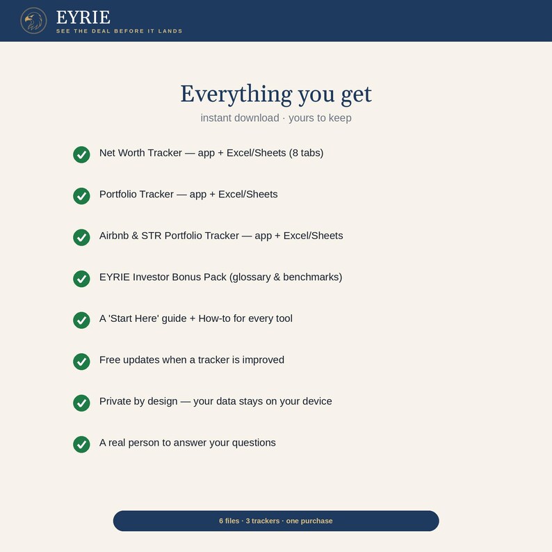 May include: A digital product list titled Everything you get from EYRIE. It includes a Net Worth Tracker, Portfolio Tracker, Airbnb & STR Portfolio Tracker, Investor Bonus Pack, Start Here guide, free updates, private data storage, and support.