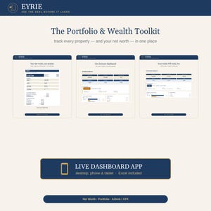 May include: The Portfolio & Wealth Toolkit by EYRIE features three digital dashboard displays showing net worth, live browser data, and property booking information. A dark blue button below highlights the Live Dashboard App for desktop, phone, and tablet.