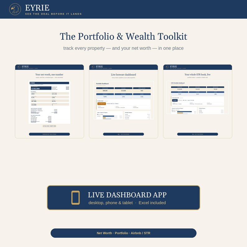 May include: The Portfolio & Wealth Toolkit by EYRIE features three digital dashboard displays showing net worth, live browser data, and property booking information. A dark blue button below highlights the Live Dashboard App for desktop, phone, and tablet.