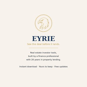 May include: A graphic featuring a gold eagle head logo inside a circle above the dark blue text EYRIE and the tagline See the deal before it lands. Below is text describing real estate investor tools built by a finance professional with 20 years in property lending, plus notes on instant download, ownership, and free updates.