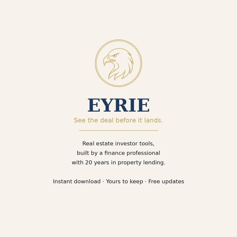 May include: A graphic featuring a gold eagle head logo inside a circle above the dark blue text EYRIE and the tagline See the deal before it lands. Below is text describing real estate investor tools built by a finance professional with 20 years in property lending, plus notes on instant download, ownership, and free updates.