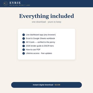 May include: A digital product information graphic for Eyrie featuring the text Everything included, one download, yours to keep. It lists six items with checkmarks: live dashboard app, Excel and Google Sheets workbook, 5 tools, 2026 lender guide, PDF, and lifetime access.
