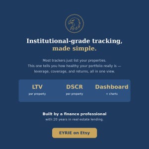 May include: A dark blue digital graphic featuring a gold eagle icon and text: Institutional-grade tracking, made simple. Most trackers just list your properties. This one tells you how healthy your portfolio really is. LTV, DSCR, Dashboard, and EYRIE on Etsy.