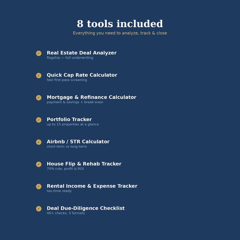 Puede incluir: Un gr&aacute;fico informativo azul oscuro que enumera 8 herramientas: Real Estate Deal Analyzer, Quick Cap Rate Calculator, Mortgage & Refinance Calculator, Portfolio Tracker, Airbnb / STR Calculator, House Flip & Rehab Tracker, Rental Income & Expense Tracker y Deal Due-Diligence Checklist.